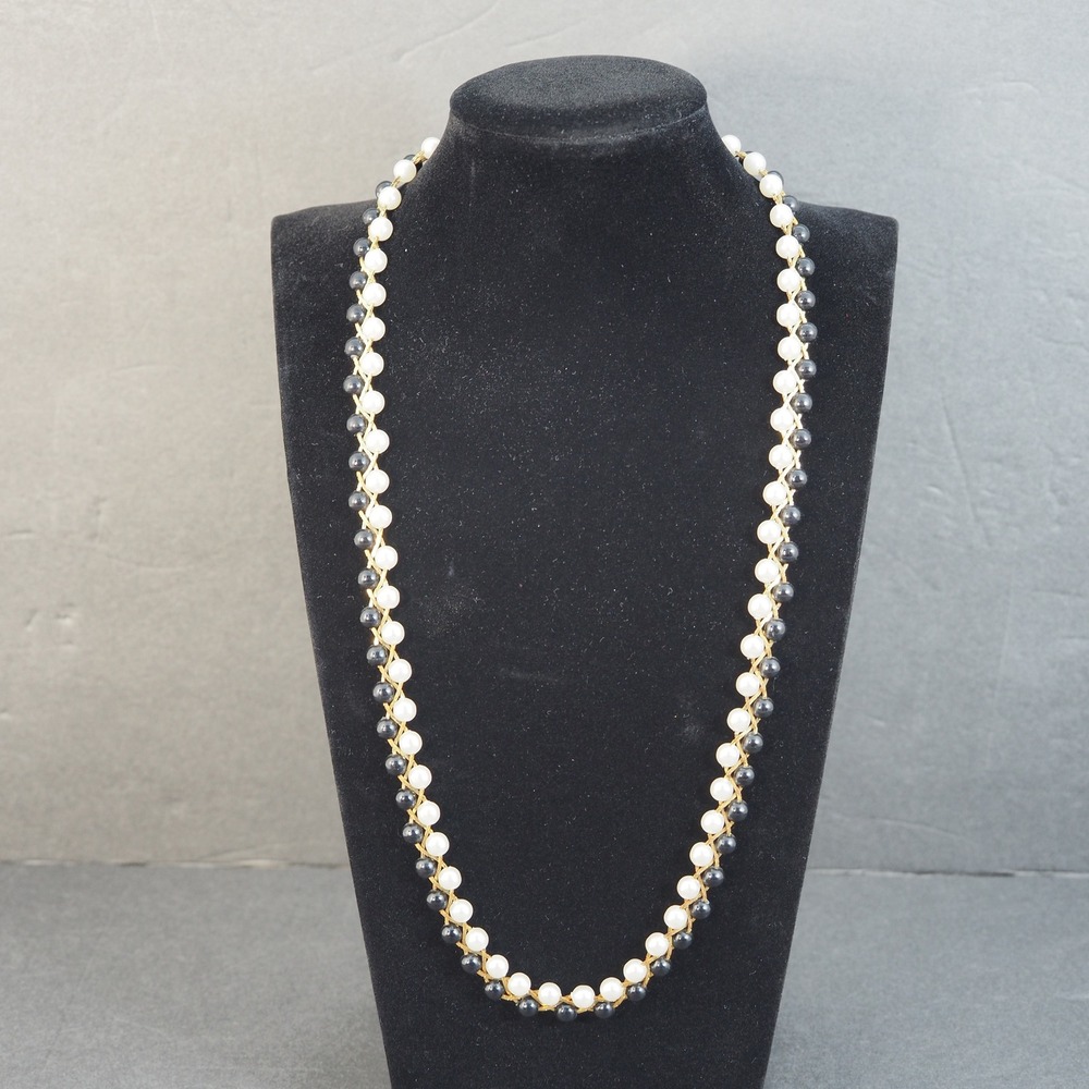Vintage Necklace Beaded Faux Pearl Black White Gold Tone Braided Chain Strand